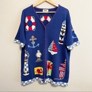 QVC The Quacker Factory Hand Knitted Short sleeve Cardigan Coastal Nautical 1X